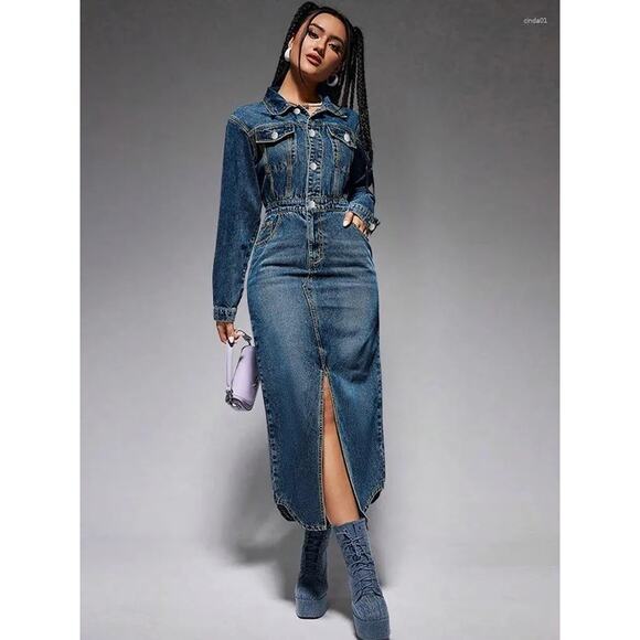 Unbranded Dresses & Skirts - Single Breasted Stretch Denim Dress Retro Distressed Medi Dress Sz S/M